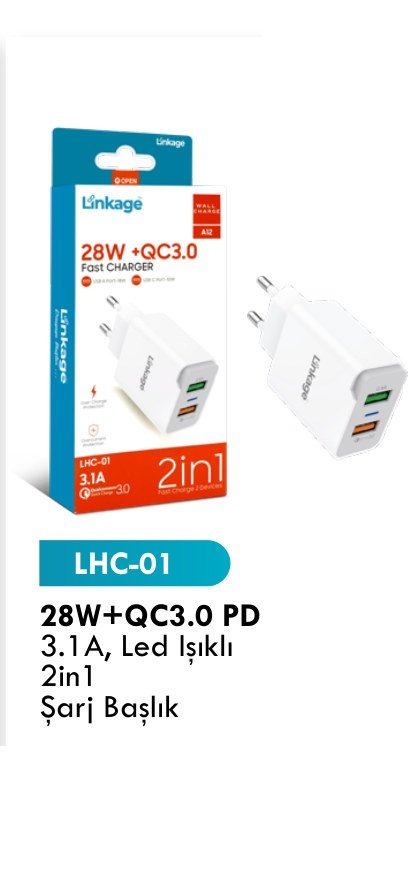 LINKAGE LHC-01 Seyahat ve Duvar Şarj Aletleri - 28W+QC3.0 PD 3.1A, Led Işıklı 2in1 Şarj Başlık