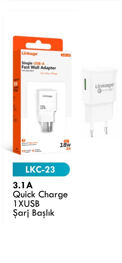 LINKAGE LKC-23 Seyahat ve Duvar Şarj Aletleri - 3.1A Quick Charge 1XUSB Şarj Başlık