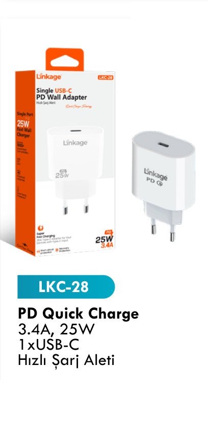 LINKAGE LKC-28 Seyahat ve Duvar Şarj Aletleri - PD Quick Charge 3.4A, 25W 1xUSB-C Hızlı Şarj Aleti