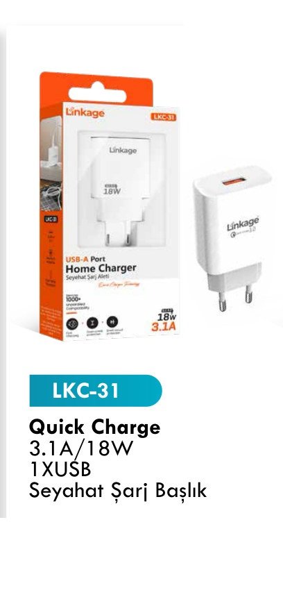 LINKAGE LKC-31 Seyahat ve Duvar Şarj Aletleri - Quick Charge 3.1A/18W 1XUSB Seyahat Şarj Başlık