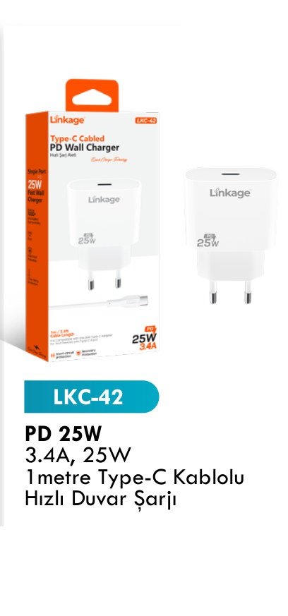 LINKAGE LKC-42 Seyahat ve Duvar Şarj Aletleri - PD 25W 3.4A, 25W 1metre Type-C Kablolu Hızlı Duvar Şarjı