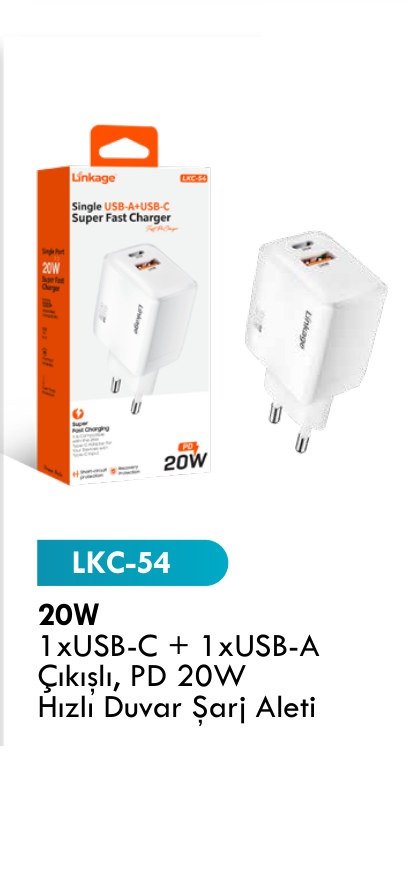 LINKAGE LKC-54 Seyahat ve Duvar Şarj Aletleri - 20W 1xUSB-C + 1xUSB-A Çıkışlı, PD 20W Hızlı Duvar Şarj Aleti