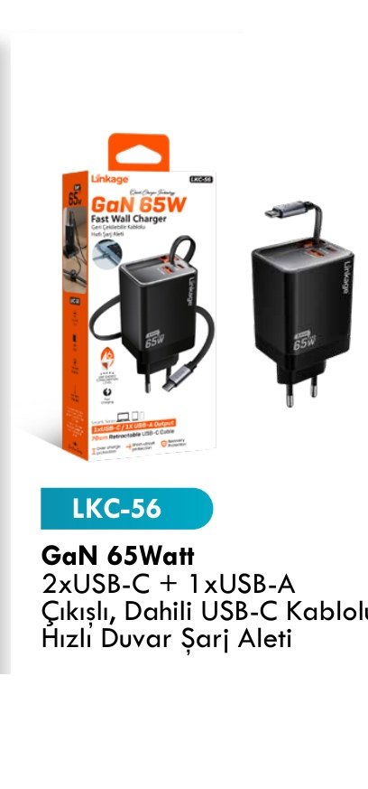 LINKAGE LKC-56 Seyahat ve Duvar Şarj Aletleri - GaN 65Watt 2xUSB-C + 1xUSB-A Çıkışlı, Dahili USB-C Kablolu Hızlı Duvar Şarj Aleti