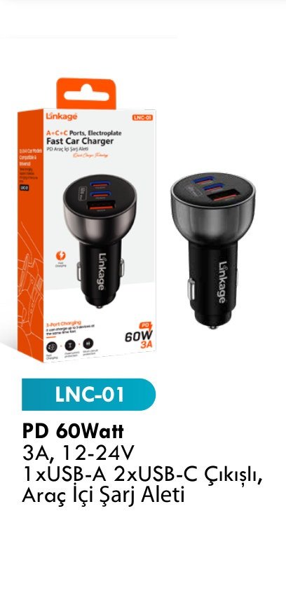 LINKAGE LNC-01 Seyahat ve Duvar Şarj Aletleri - PD 60Watt 3A, 12-24V 1xUSB-A 2xUSB-C Çıkışlı, Araç İçi Şarj Aleti
