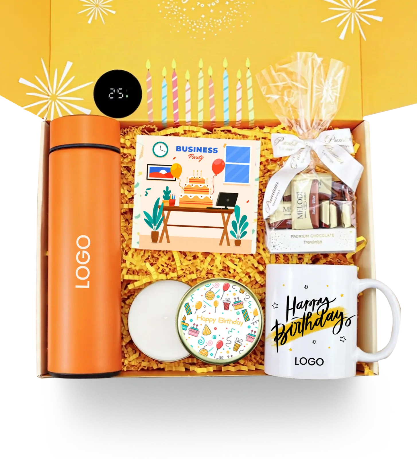 TOPTAN POWERBANK DGS-2202 Kurumsal Hediye Setleri ve Welcome Kitler - Turuncu termos, kupa, çikolata, kutlama kartı ve atıştırmalıklar içeren doğum günü konseptli kurumsal hediye seti.