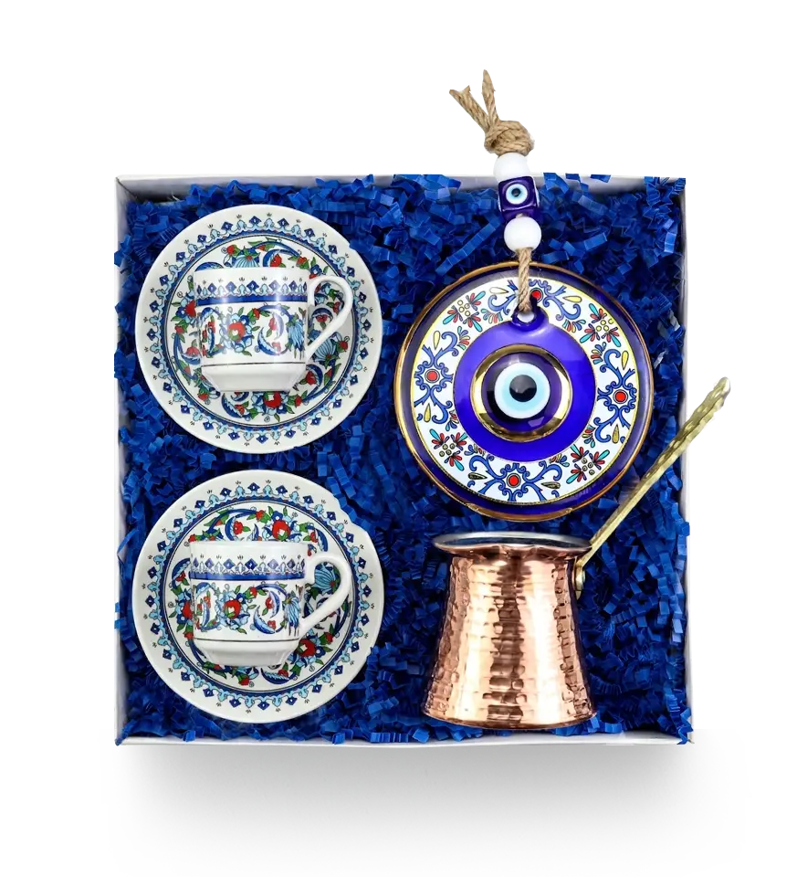 TOPTAN POWERBANK GLS-2503 Kurumsal Hediye Setleri ve Welcome Kitler - Çini desenli tabaklar, bakır cezve ve nazar boncuklu aksesuar içeren geleneksel konseptli kurumsal hediye seti.