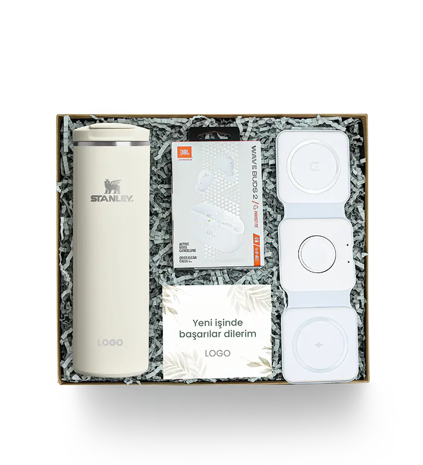 TOPTAN POWERBANK YIT-2106 Kurumsal Hediye Setleri ve Welcome Kitler - Beyaz termos, kablosuz şarj aksesuarları ve kişiye özel tebrik kartı içeren yeni i̇ş & terfi konseptli kurumsal hediye seti.