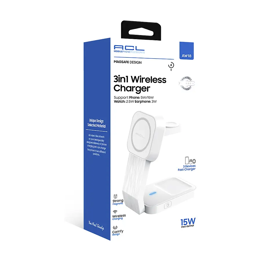 AW18 - 3in1, 15 Watt Mıknatıslı Wireless Şarj Standı - Toptan Kablosuz Şarj ürün görseli
