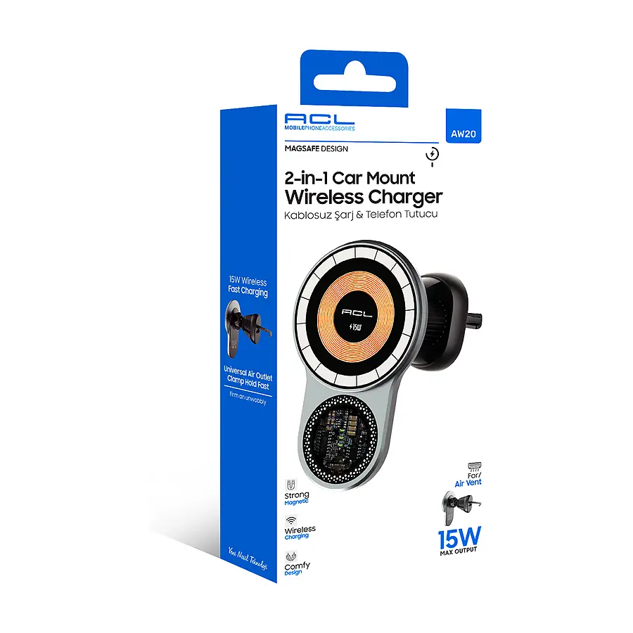 AW20 - 2in1, 15 Watt Havalandırma İçin Kablosuz Şarjlı & Telefon Tutucu - Toptan Kablosuz Şarj ürün görseli