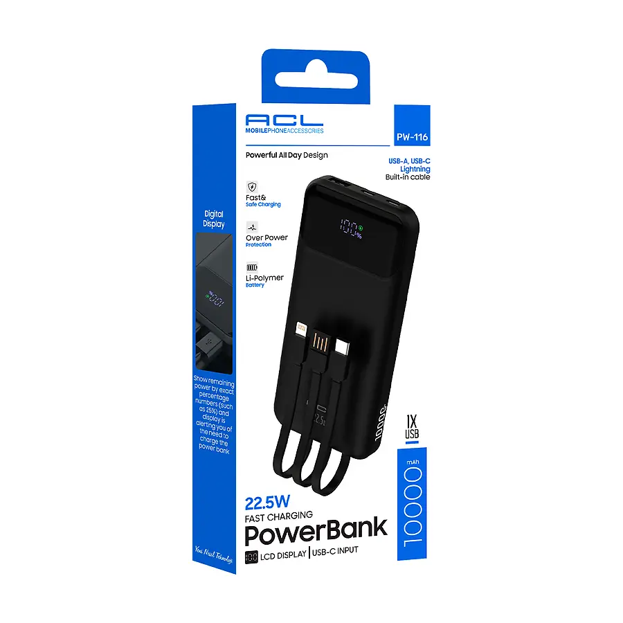 PW-116 - 22.5W Hızlı Şarjlı LCD Göstergeli Dahili Kablolu 10.000mAh - Toptan Powerbank ürün görseli