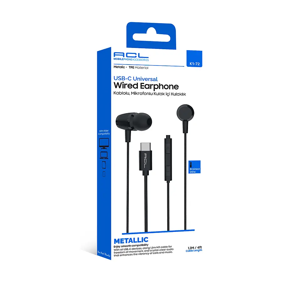 K1-72 - USB-C Girişli Mikrofonlu Kumandalı 1.2mt Kulaklık Kablolu - Toptan Kulaklık ürün görseli