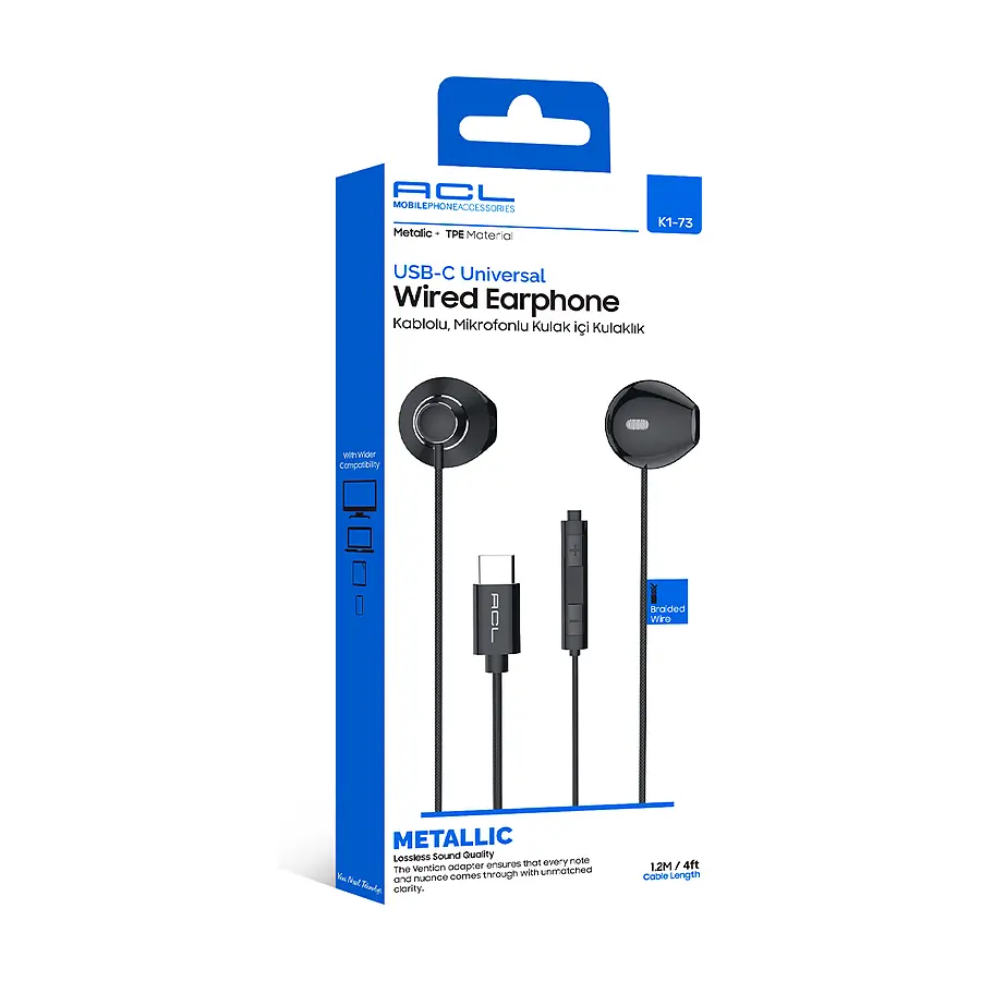 K1-73 - USB-C Girişli Mikrofonlu Kumandalı 1.2mt Kulaklık Kablolu - Toptan Kulaklık ürün görseli