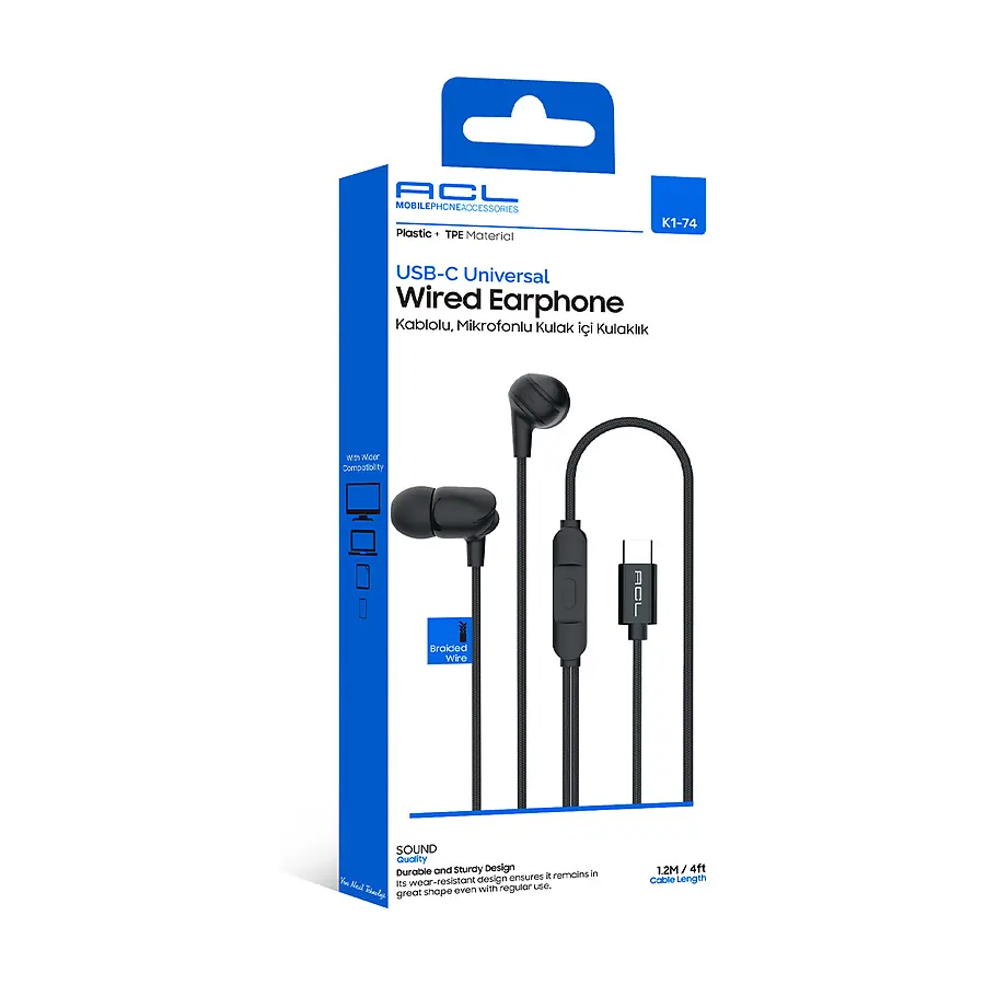 K1-74 - USB-C Girişli Mikrofonlu Kumandalı 1.2mt Kulaklık Kablolu - Toptan Kulaklık ürün görseli