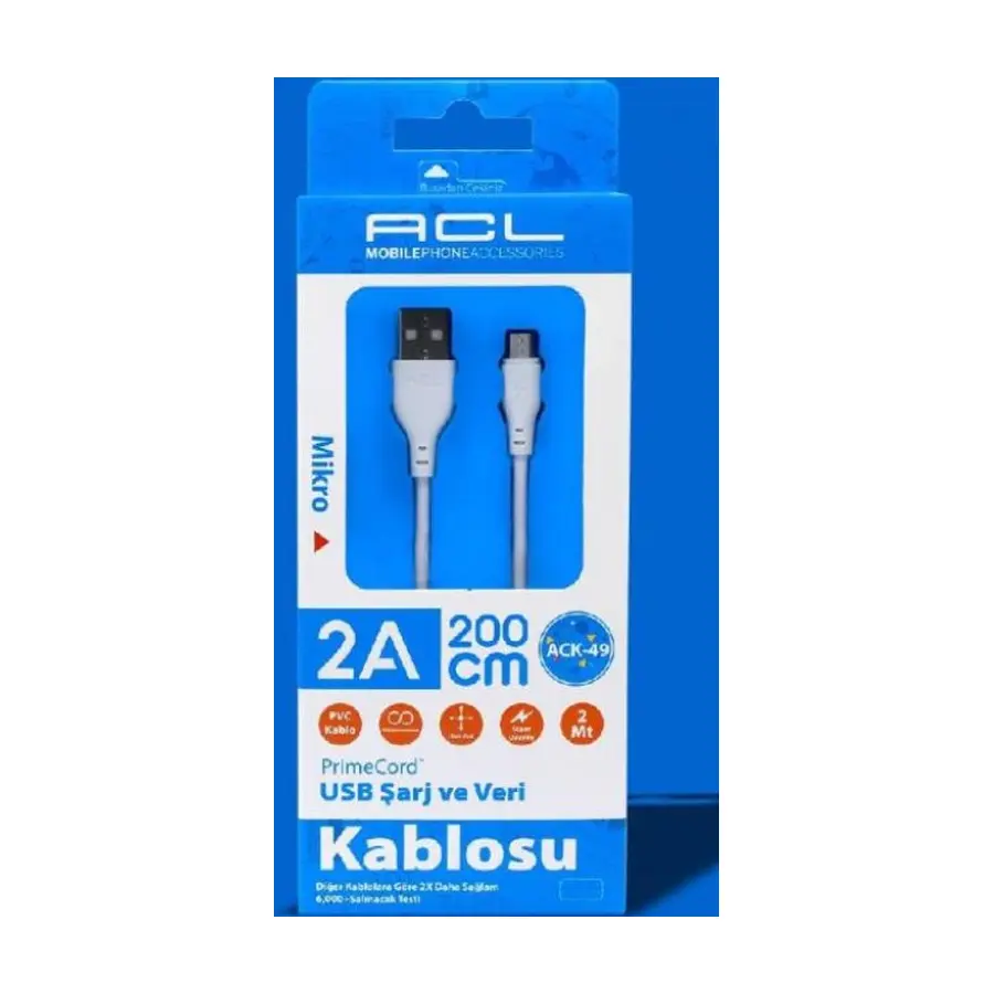 ACK-49 - 2A PVC 2mt Mikro Kablo USB Kablo - Toptan Şarj Kablosu ürün görseli