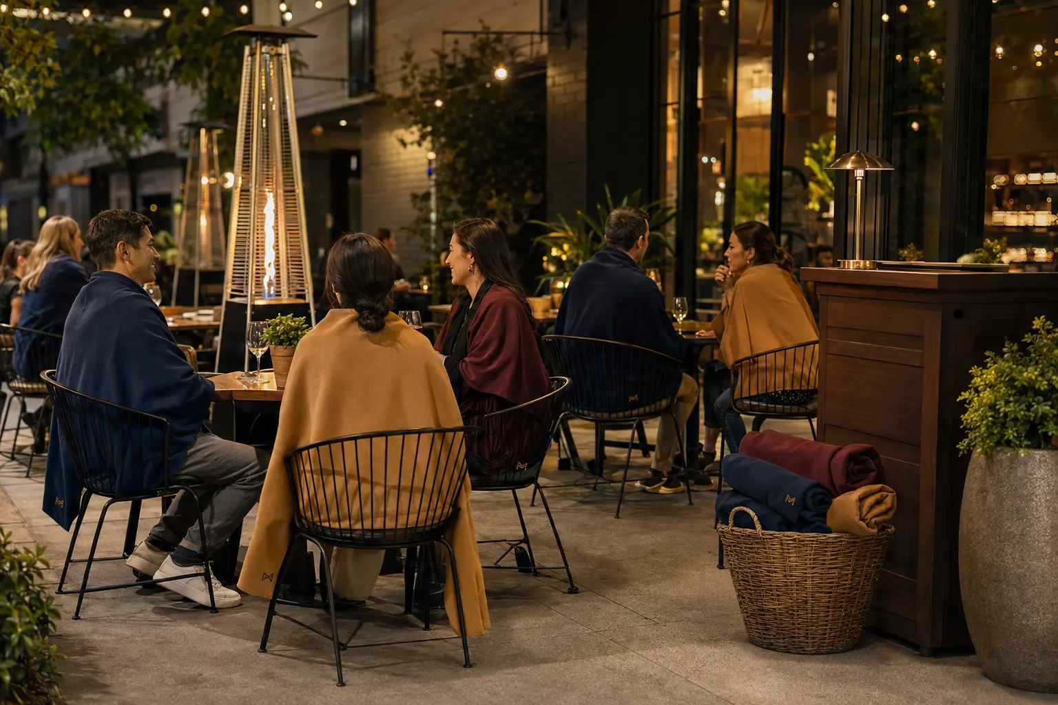 Cafe terasında polar şal dijital kullanım örneği