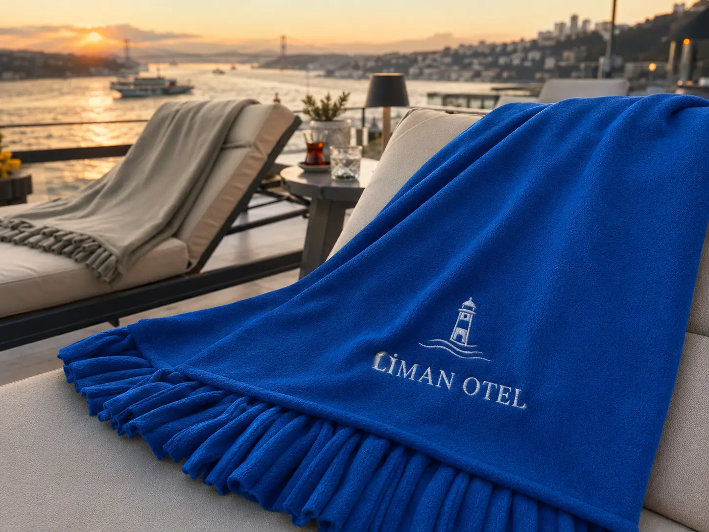 Kurgusal Liman Otel logolu mavi polar şal dijital örneği