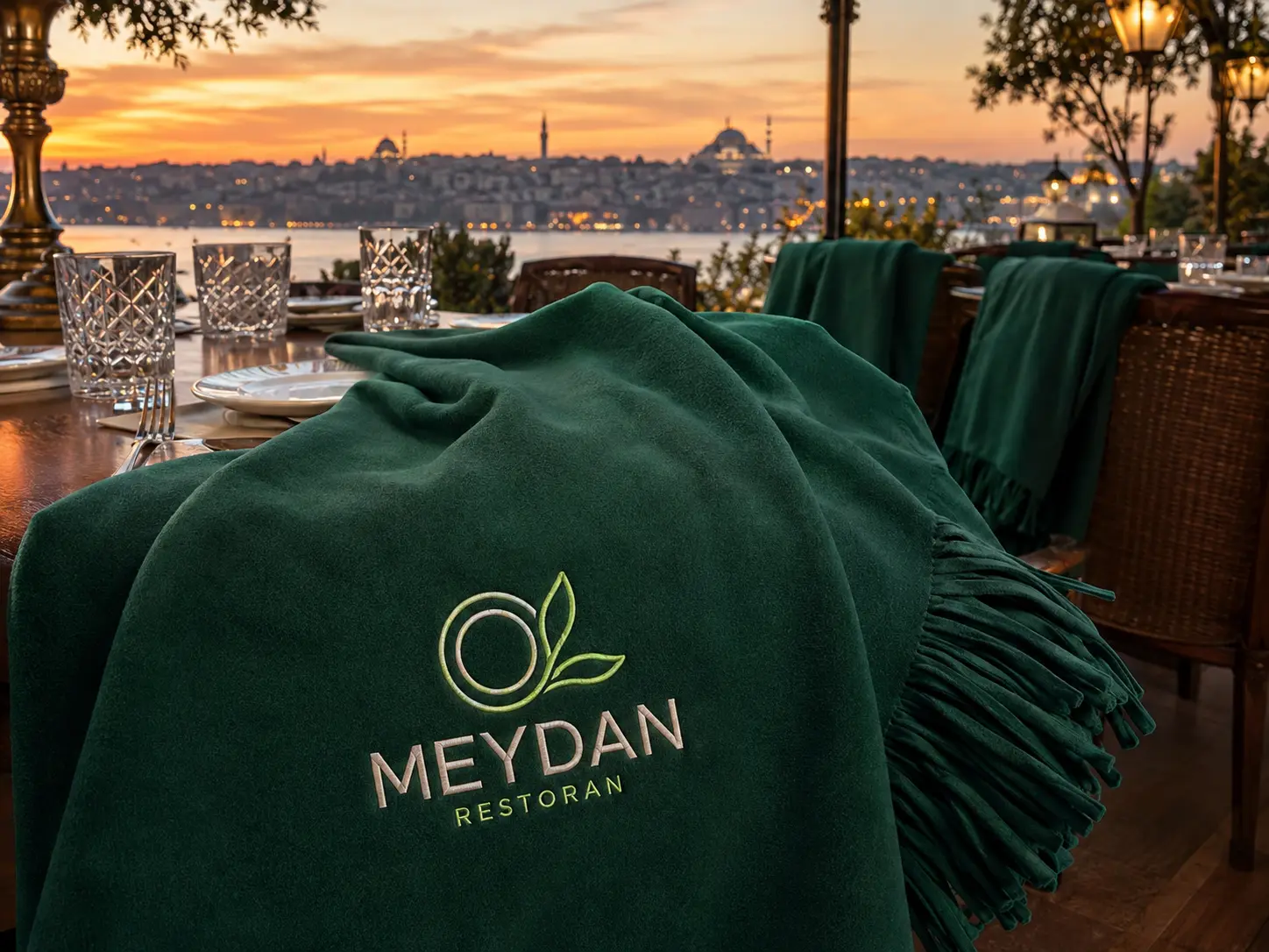 Kurgusal Meydan Restoran logolu yeşil restoran şalı dijital örneği