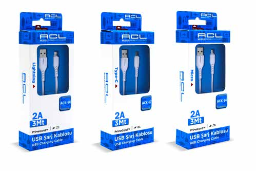 ACK-68 - 2A Lightning 3mt USB Kablo - Toptan Şarj Kablosu ürün görseli